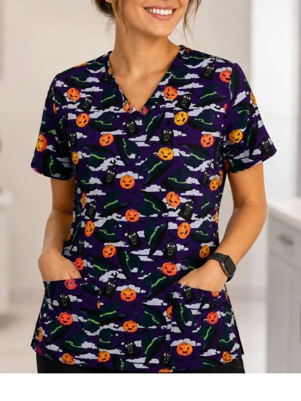 Scrubaid Womens Halloween Scrub Top M Purple Witch Hat Pumpkin RIP Stretch NWT